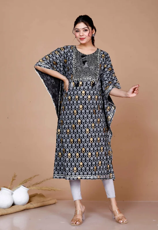 Women'S Black Cotton Printed Kaftan Kurta - Miravan