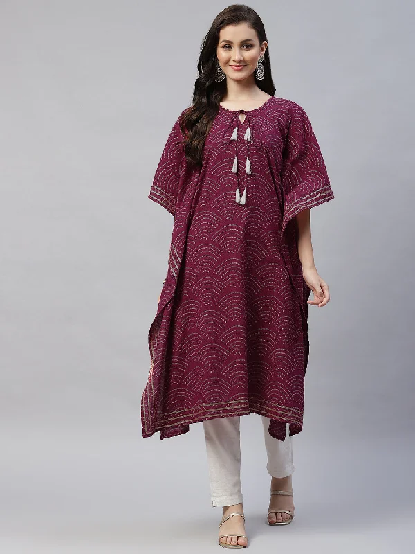 Women's Floral Printed Cotton Kaftan Kurta In Magenta - Miravan