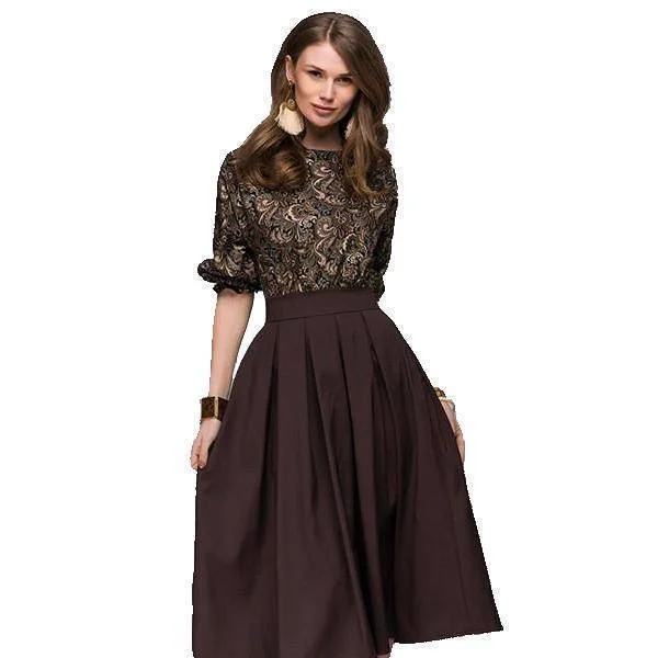 Spring  New Fashion Printed Stitching Pleated Dress O-Neck 3/4 Lantern Sleeve Elegant Party Retro Dress (US 4-16)