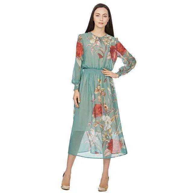 Elastic Wasit Vintage Print Floral Flower Long Sleeve Green Dress New ZA Design Casual Brief Party Evening Vestidos Streetwear (US 12-16W)