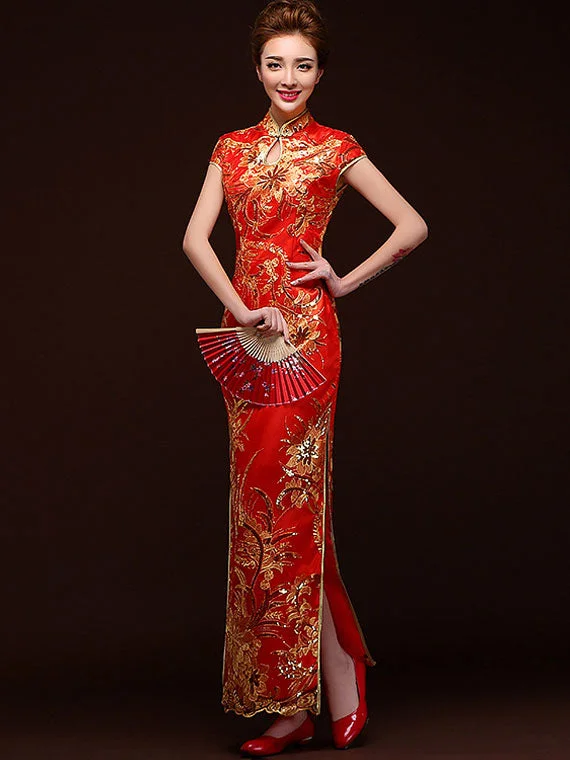 Full-Length Sequins Floral Cheongsam  Qipao Evening Dress