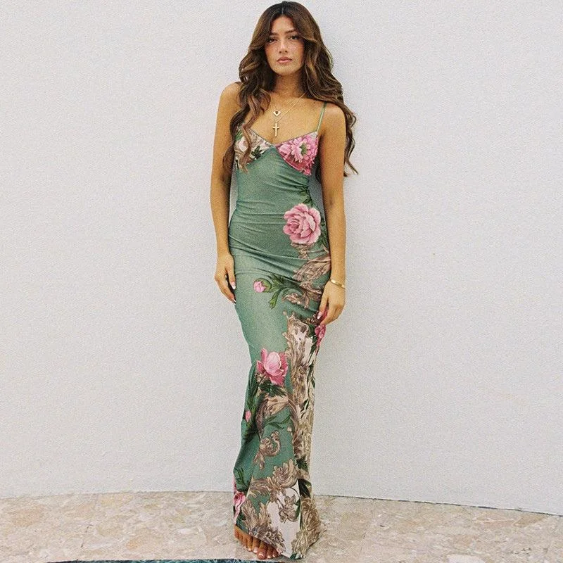 Green Floral Maxi Evening Dress