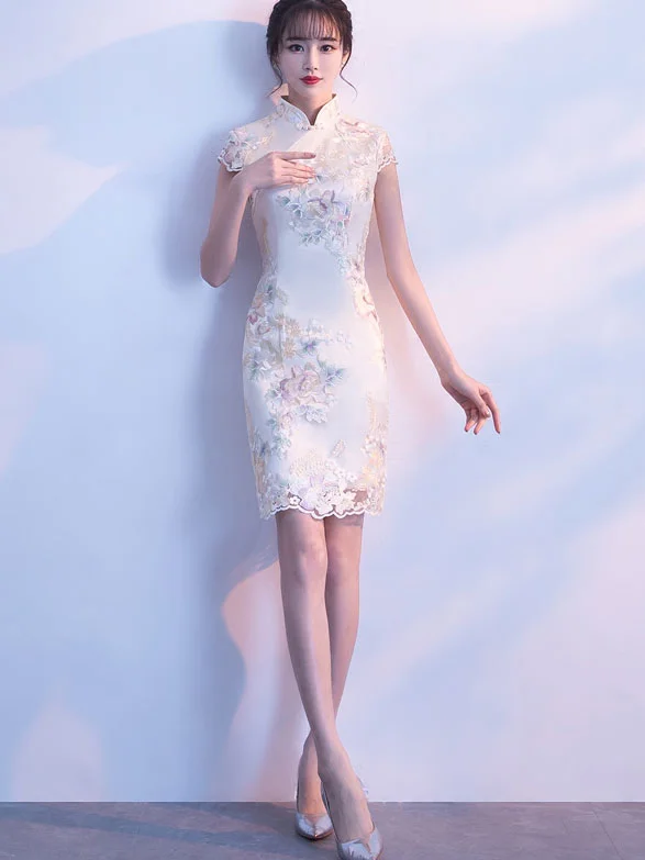 White Embroidered Short Qipao / Cheongsam Party Dress