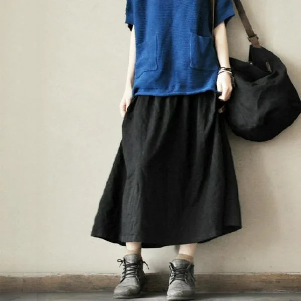 black retro cotton maxi skirt elastic wait summer skirts