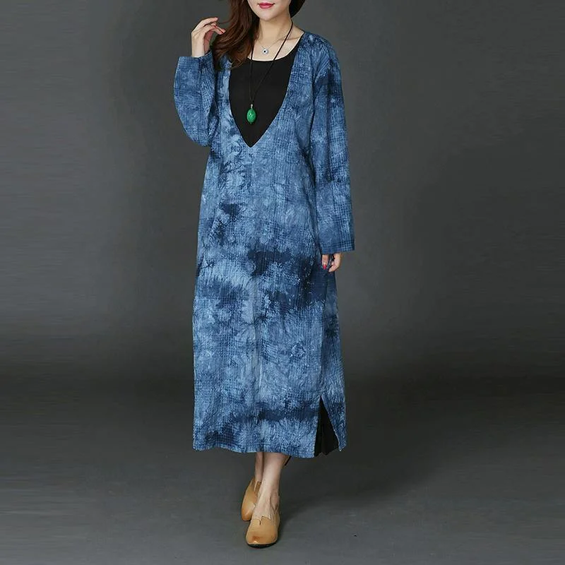 New blue long plus size V neck A line skirts linen clothing dresses side open women pockets kaftans