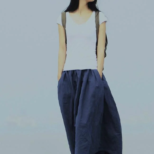 Retro blue linen skirts Summer pockets pleated skirt long maxi skirts