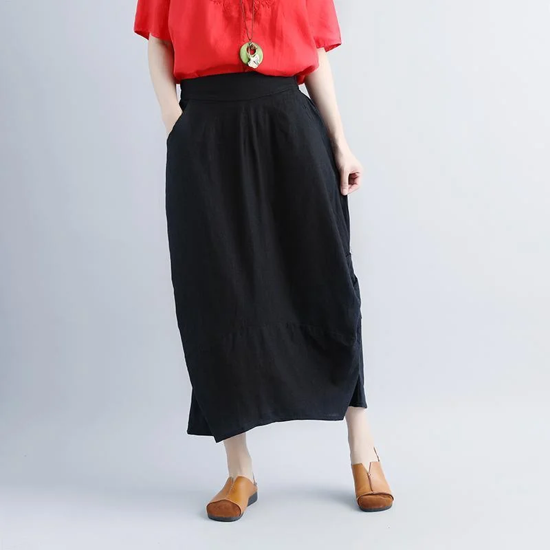 vintage linen maxi skirt oversize Women  Casual Summer Pockets Black Long Skirts