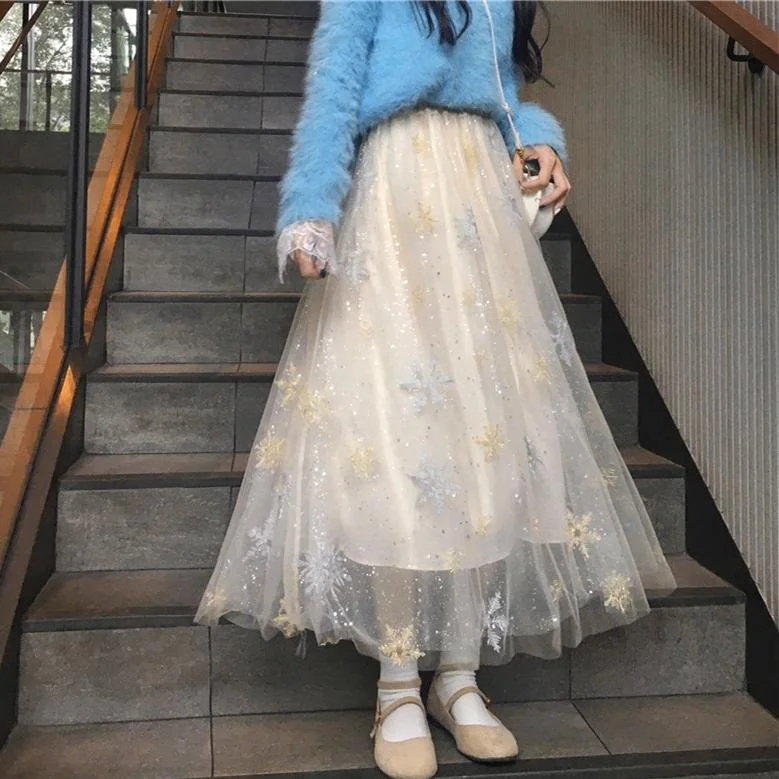 Women's Korean Fashion Snowflake Sequins Mess Long Skirts