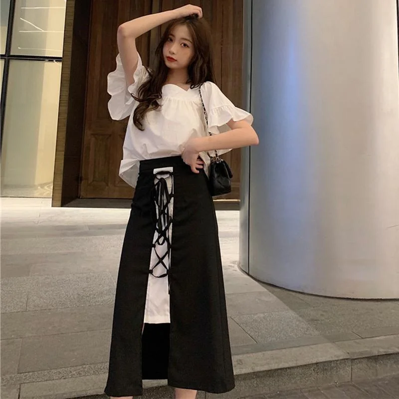 Women's Sweett Lace-up Contrast Color Long Skirts