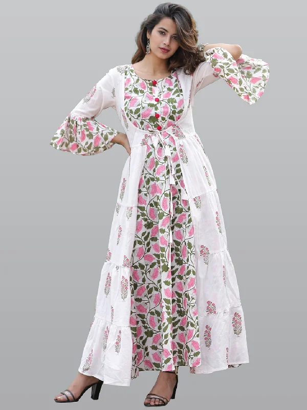 Kalini Women White & Pink Floral Printed Flared Sleeves Floral Anarkali Kurta