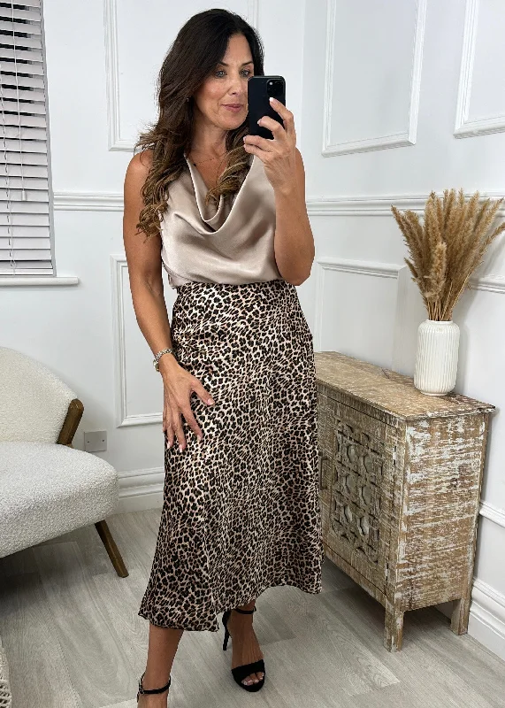 Tosca Leopard Satin Midi Skirt