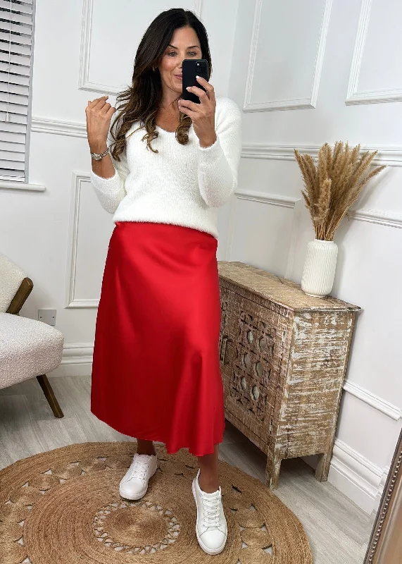 Tosca Red Satin Midi Skirt