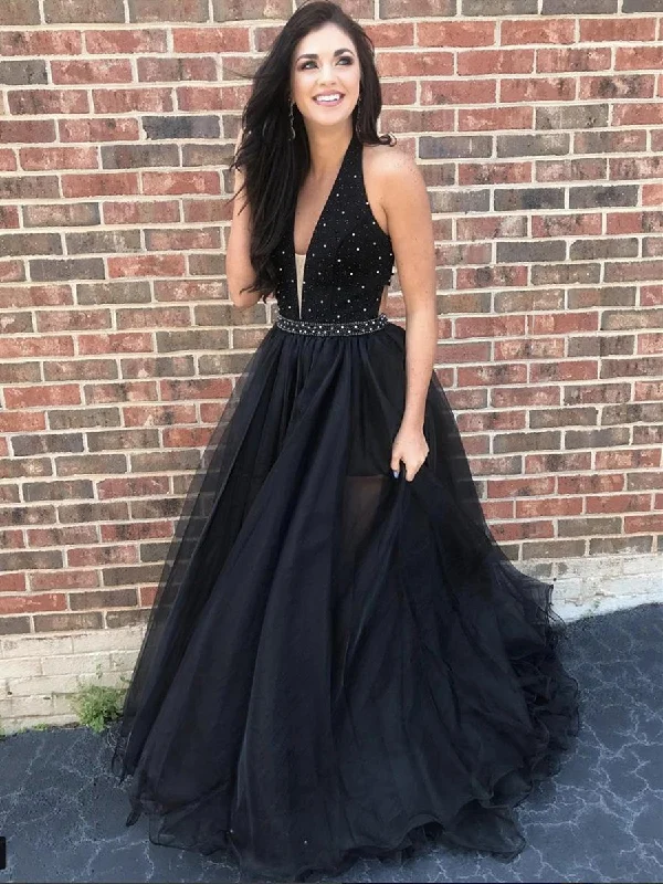 A Line V Neck Beading Black Tulle Long Prom Dresses, V Neck Black Formal Dresses, Black Evening Dresses