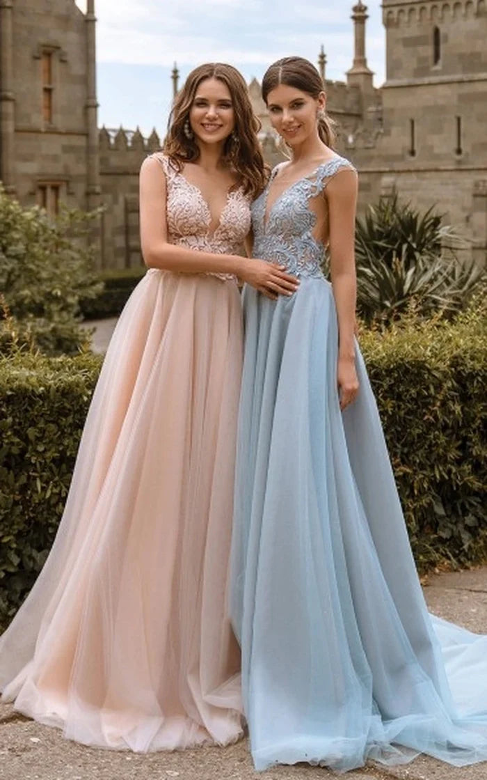 Bridesmaid Dresses Lace V Neck Sexy Illusion Back Tulle Dresses