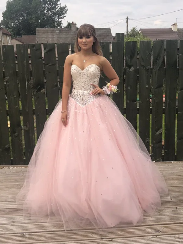 Custom Made Sweetheart Neck Backless Tulle Pink Long Prom Dresses with Beadings, Pink Ball Gown, Pink Formal Dresses