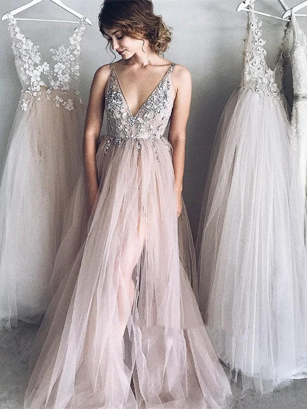 Elegant A Line V Neck Tulle Long Prom Dresses, V Neck Formal Dresses, Graduation Dresses