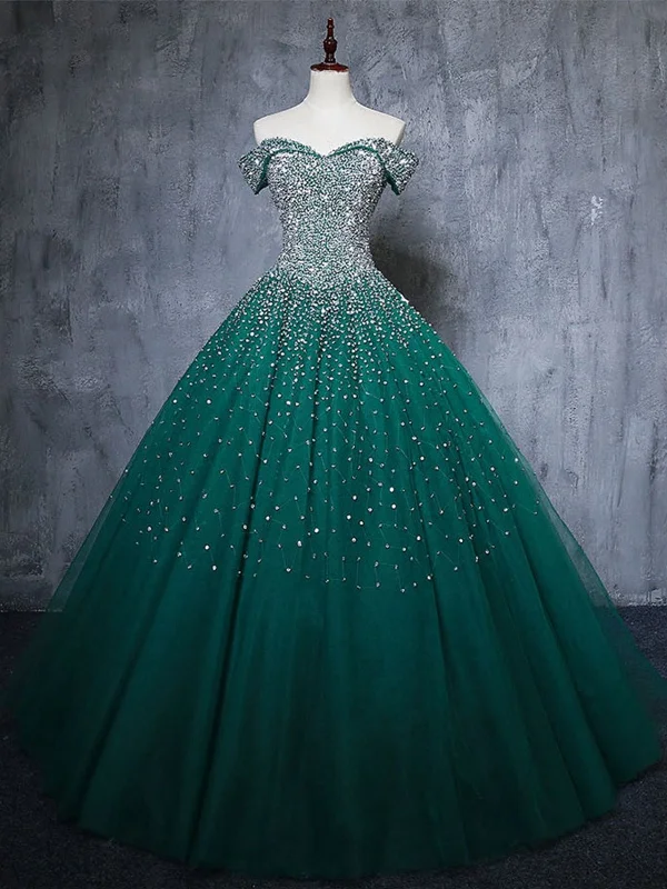 Gorgeous Off Shoulder Beaded Green Tulle Long Prom Dresses, Beaded Green Formal Evening Dresses, Beaded Ball Gown SP2197