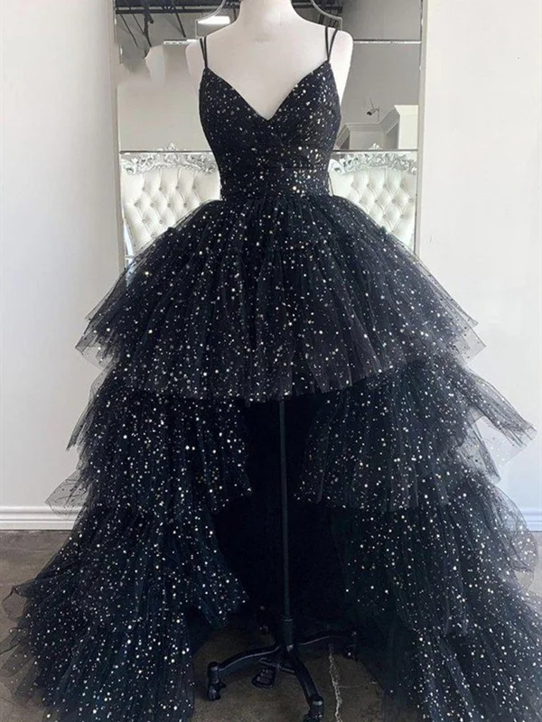 High Low V Neck Black Tulle Long Prom Dresses, High Low Black Formal Evening Dresses