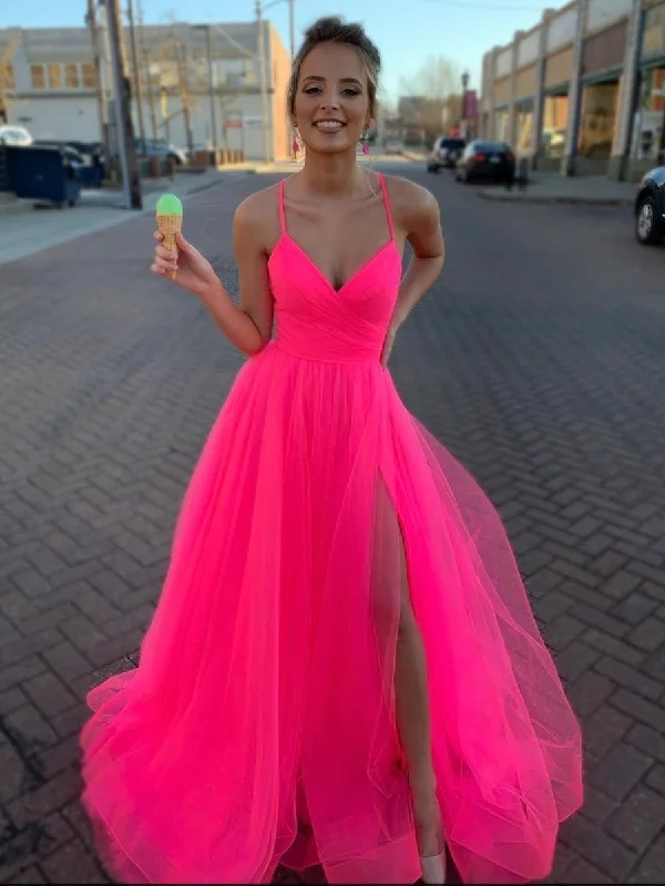 Simple A Line V Neck Coral Tulle Long Prom Dresses with High Split, V Neck Coral Formal Dresses, Coral Evening Dresses