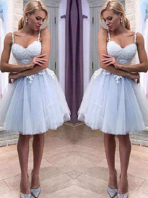 Sstraps Light Blue Lace Tulle Homecoming Dresses, Cute Short Prom Dresses, Homecoming Dresses