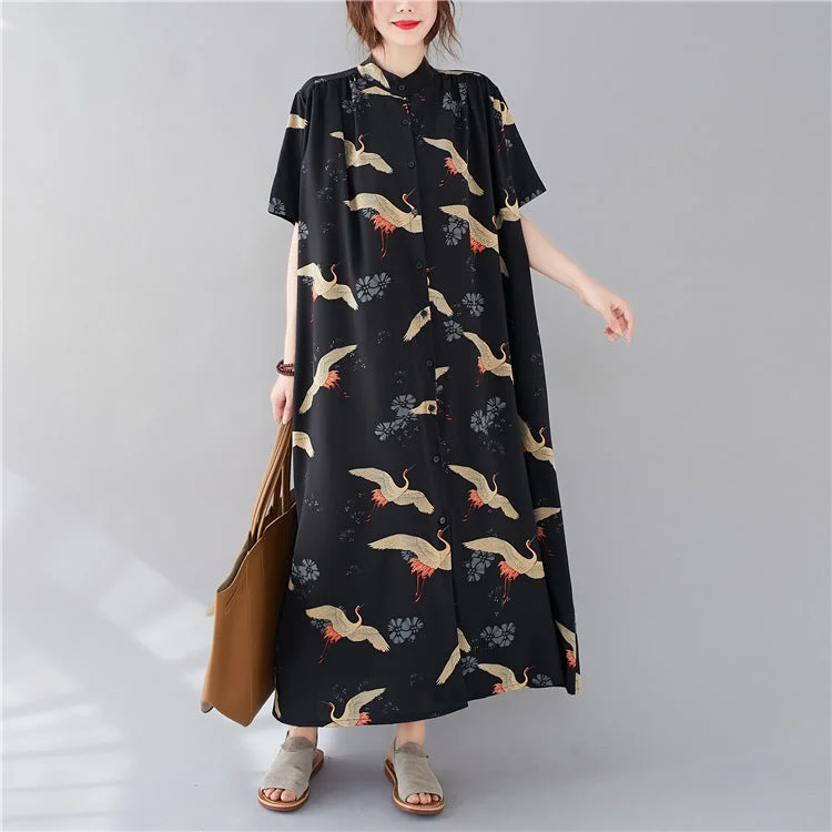 Summer Stand Collar Crane Print Plus Sizes Women Long Shirt Dresses