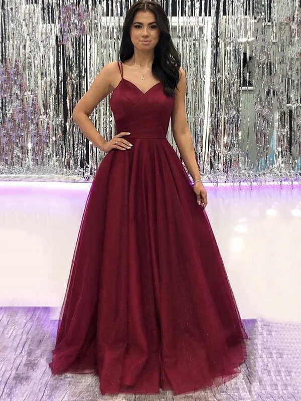 V Neck Burgundy Tulle Long Prom Dresses, Long Wine Red Tulle Formal Evening Dresses