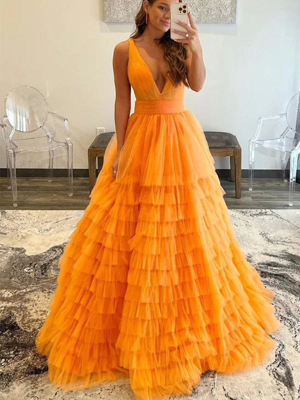 V Neck Layered Orange Tulle Long Prom Dresses, Orange Tulle Formal Evening Dresses SP2292