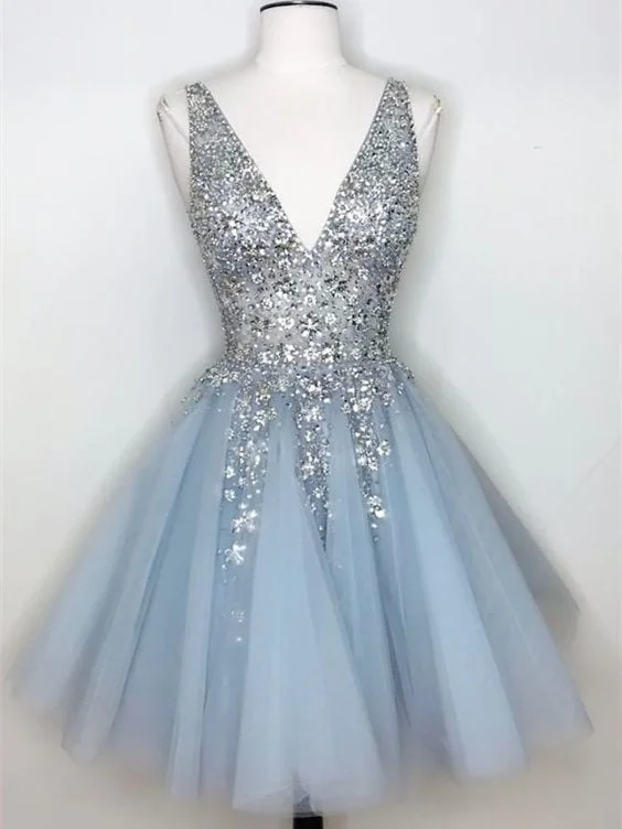 V-neck Light Blue Beaded Tulle Homecoming Dresses, Popular Short Prom Dresses, Homecoming Dresses