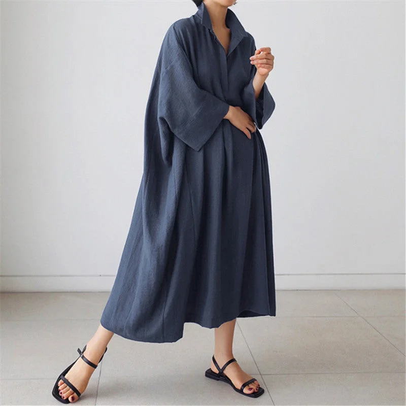 Vintage Linen Plus Sizes Batwing Long Cozy Shirts Dresses