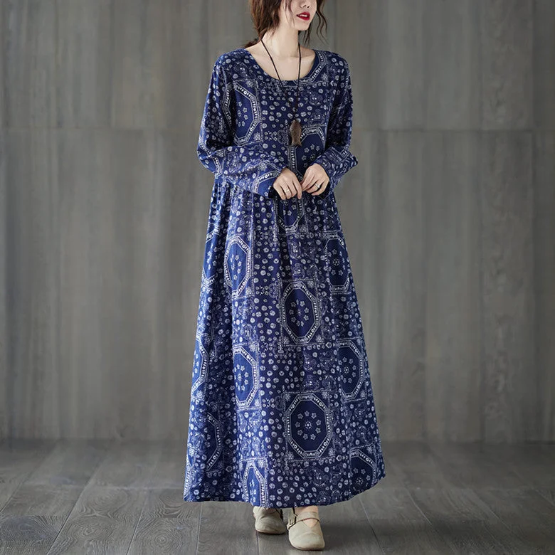 Vintage Plus Sizes Long Sleeves Blue Fall Dresses